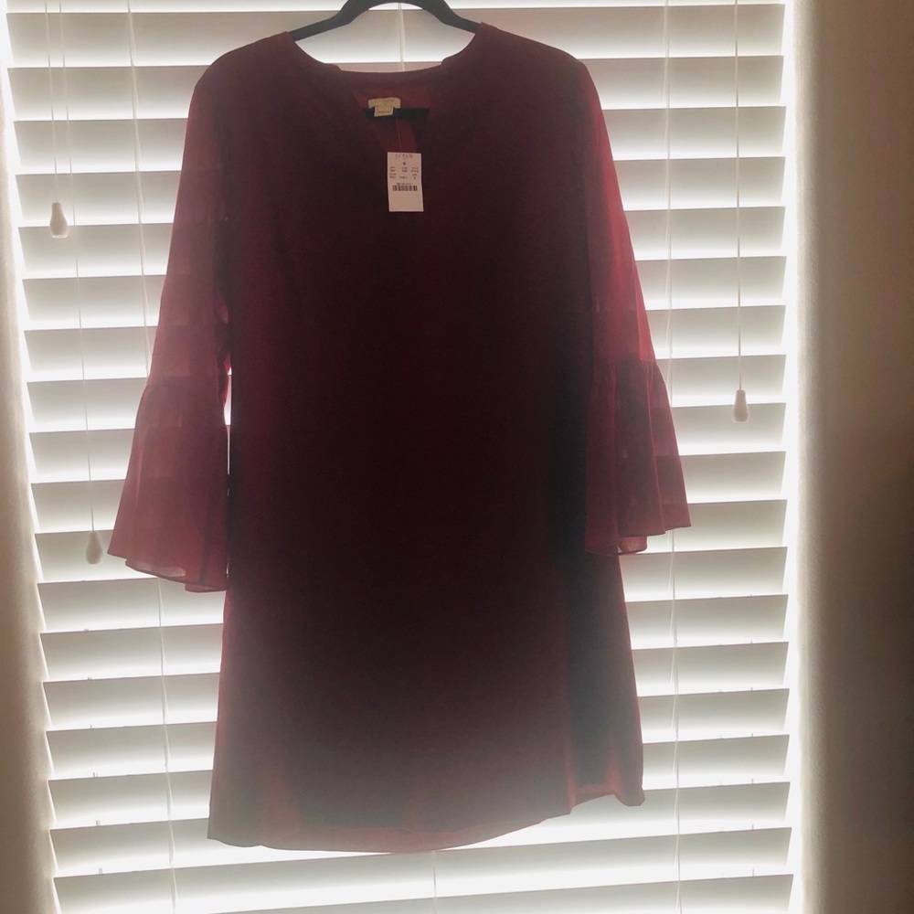 NWT, J.Crew Red/Maroon dress, bell sleeves, sz 10